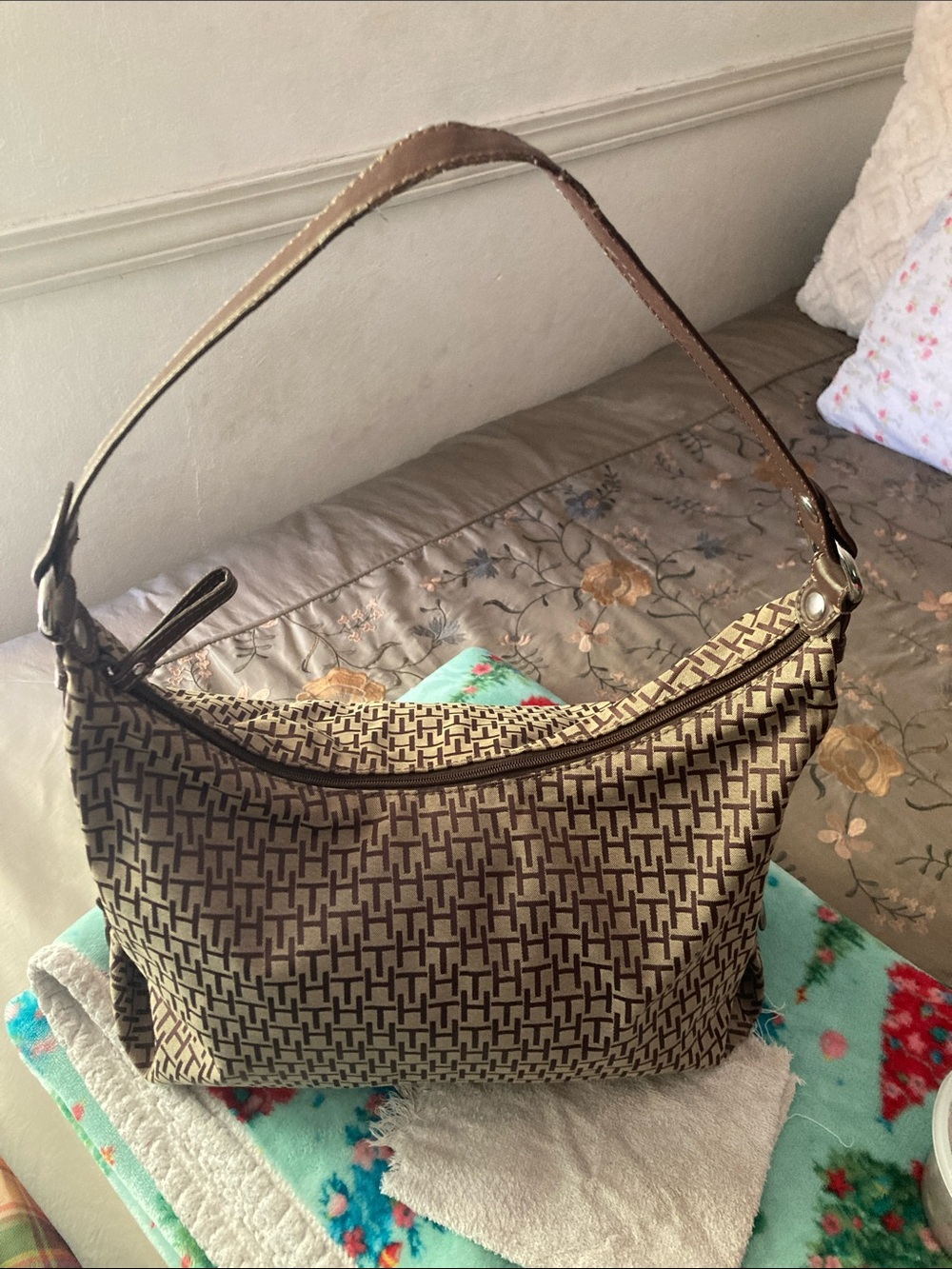 Tommy Hilfiger Tan & Brown Monogram Shoulder Bag